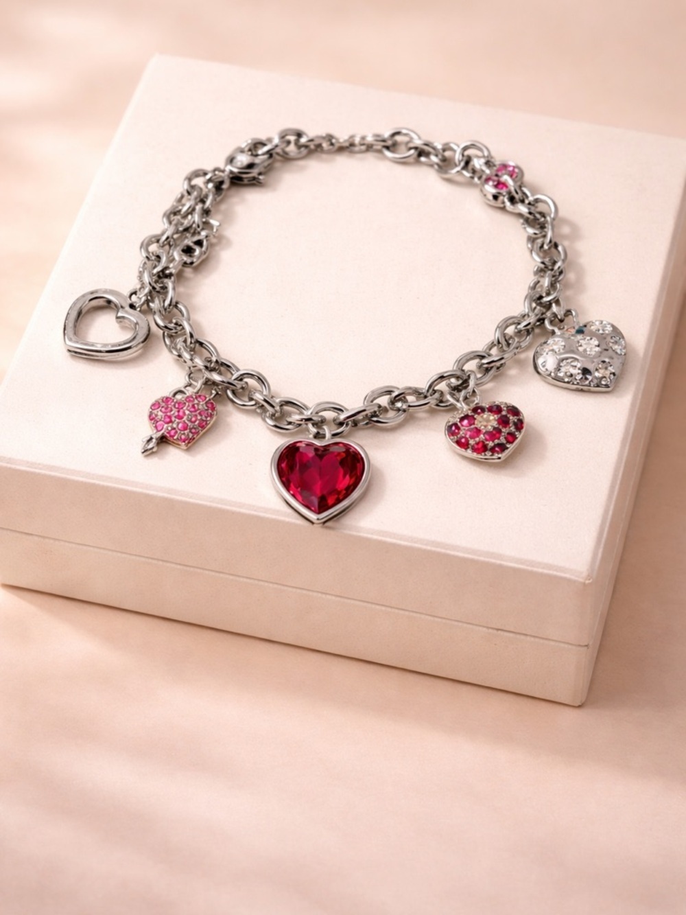 Retired Swarovski Signed Heart Charm Bracelet Silver Love Crystalp